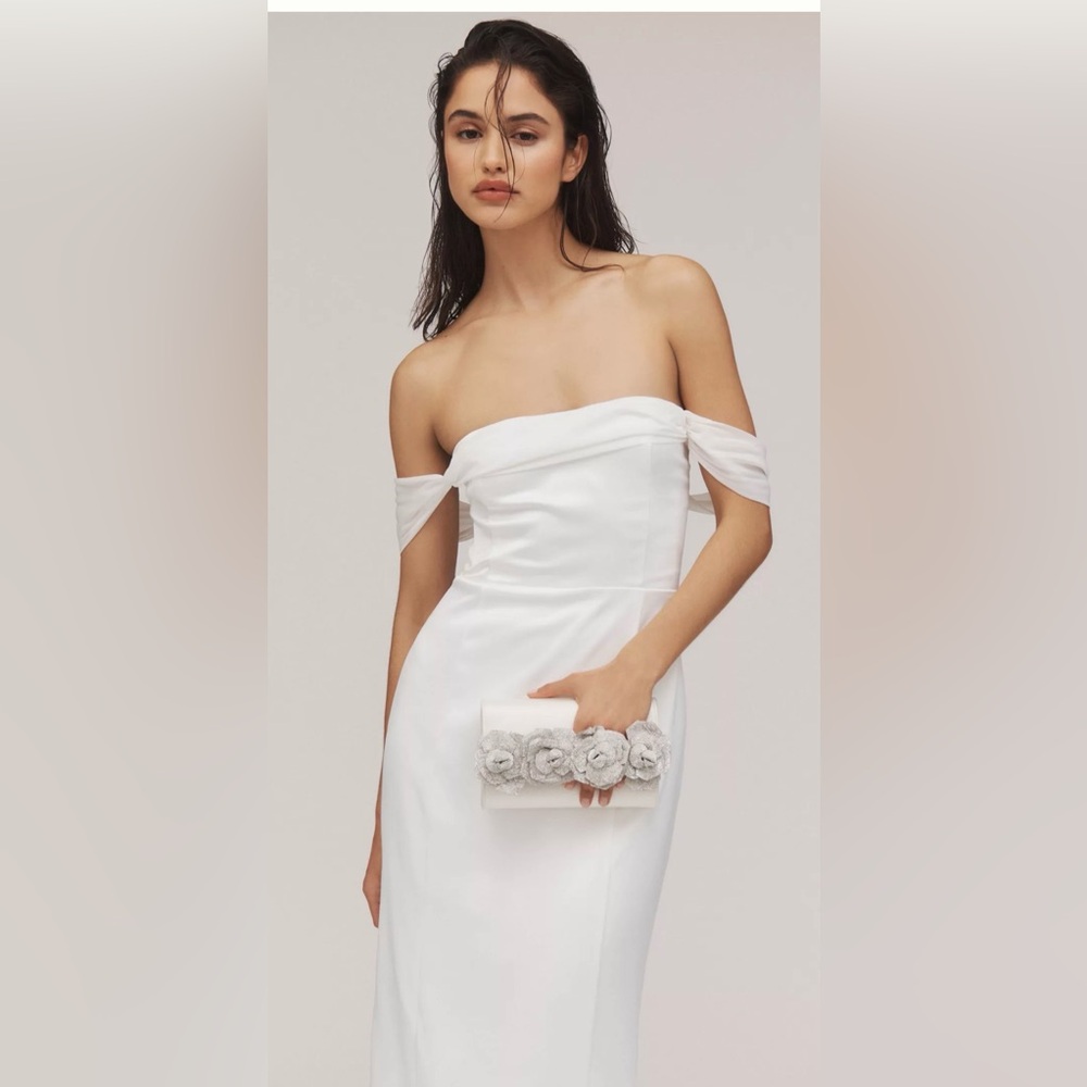 NWT BHLDN Off-The-Shoulder Lace-Up Satin Column Midi Dress - Picture 3 of 8